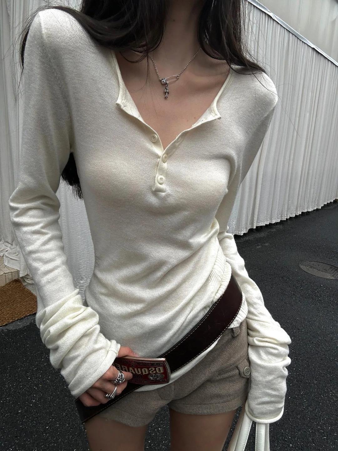 WARDEN EDGE 티셔츠 헨리 칼라 이너 긴팔 티셔츠 슬림 울 탑 (화이트)