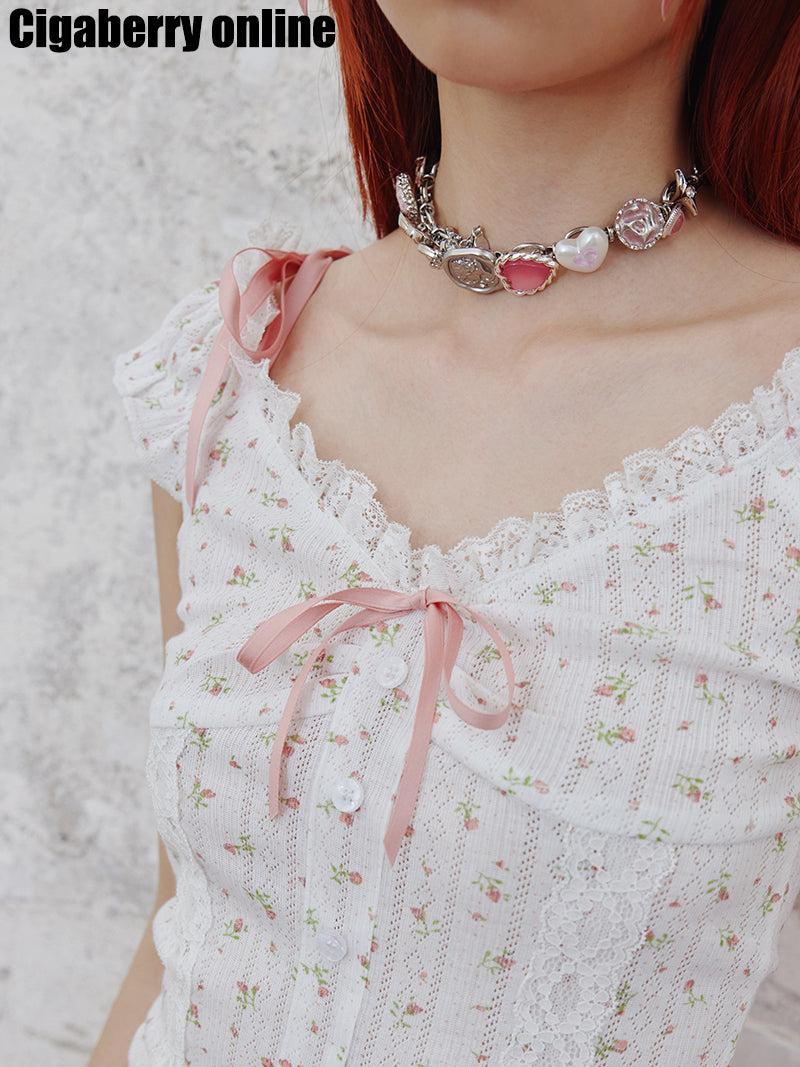 Heart Rose Coin Chain Ribbon Cute Necklace - one size / multi(presale)