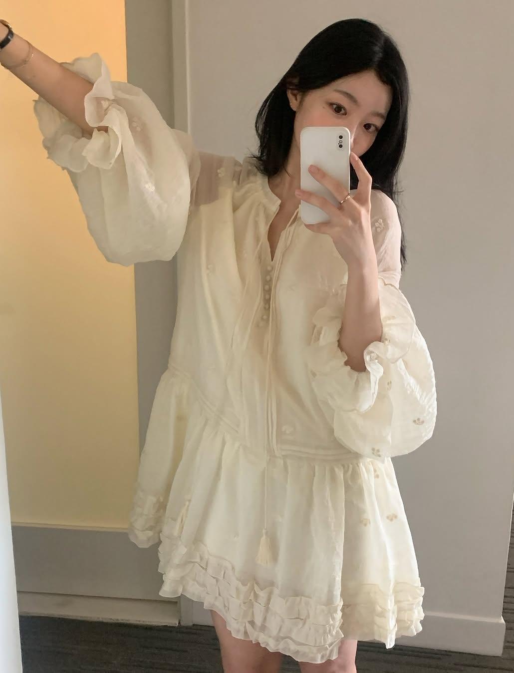 자수 레이스 플레어소매 원피스