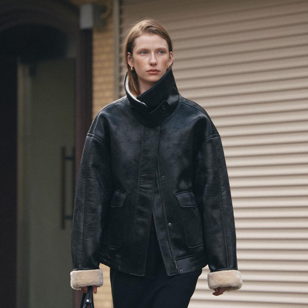 SIOT4173 페이크 무스탕 봄버 자켓_Black