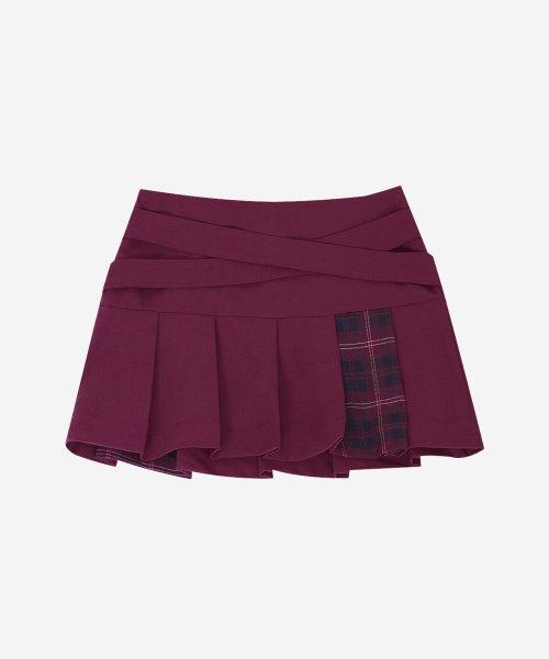 BELTED CHECK PLEATS SKIRT #MAGENTA