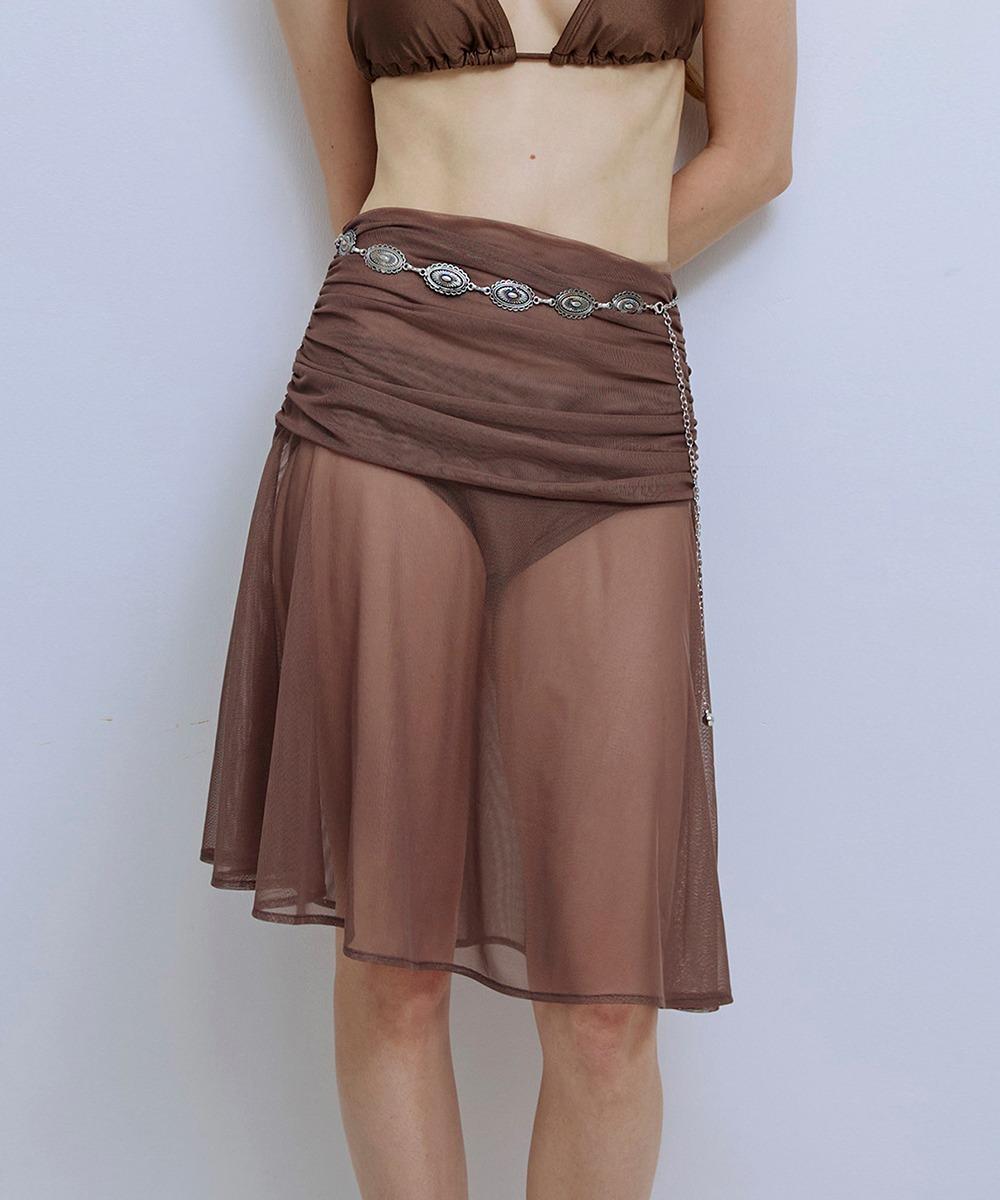 Solid Mesh Shirring Skirt_Brown