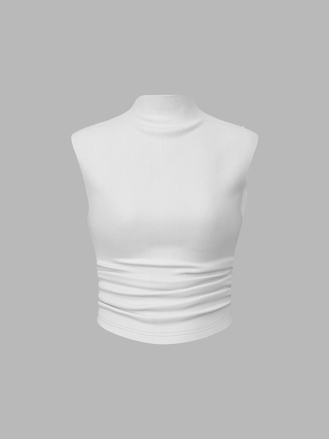 솔리드 하이넥 민소매 주름 탱크 탑