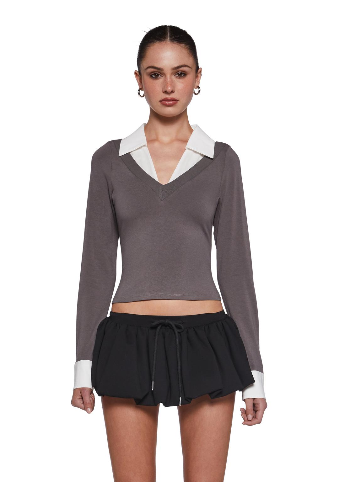 Eleanor Collared Long Sleeve Top - GRAY / XX-Small