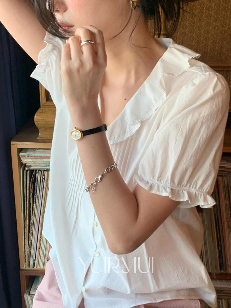 유이르무이 JINSIM 진심 피오니 코튼 프릴 핀턱 퍼프 브이넥 반팔 블라우스 2color