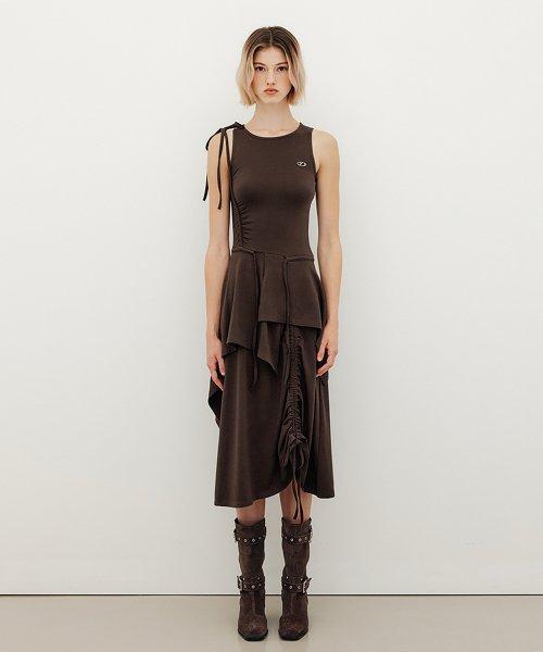 SHIRRING UNBALANCE LAYERED LONG DRESS - BROWN