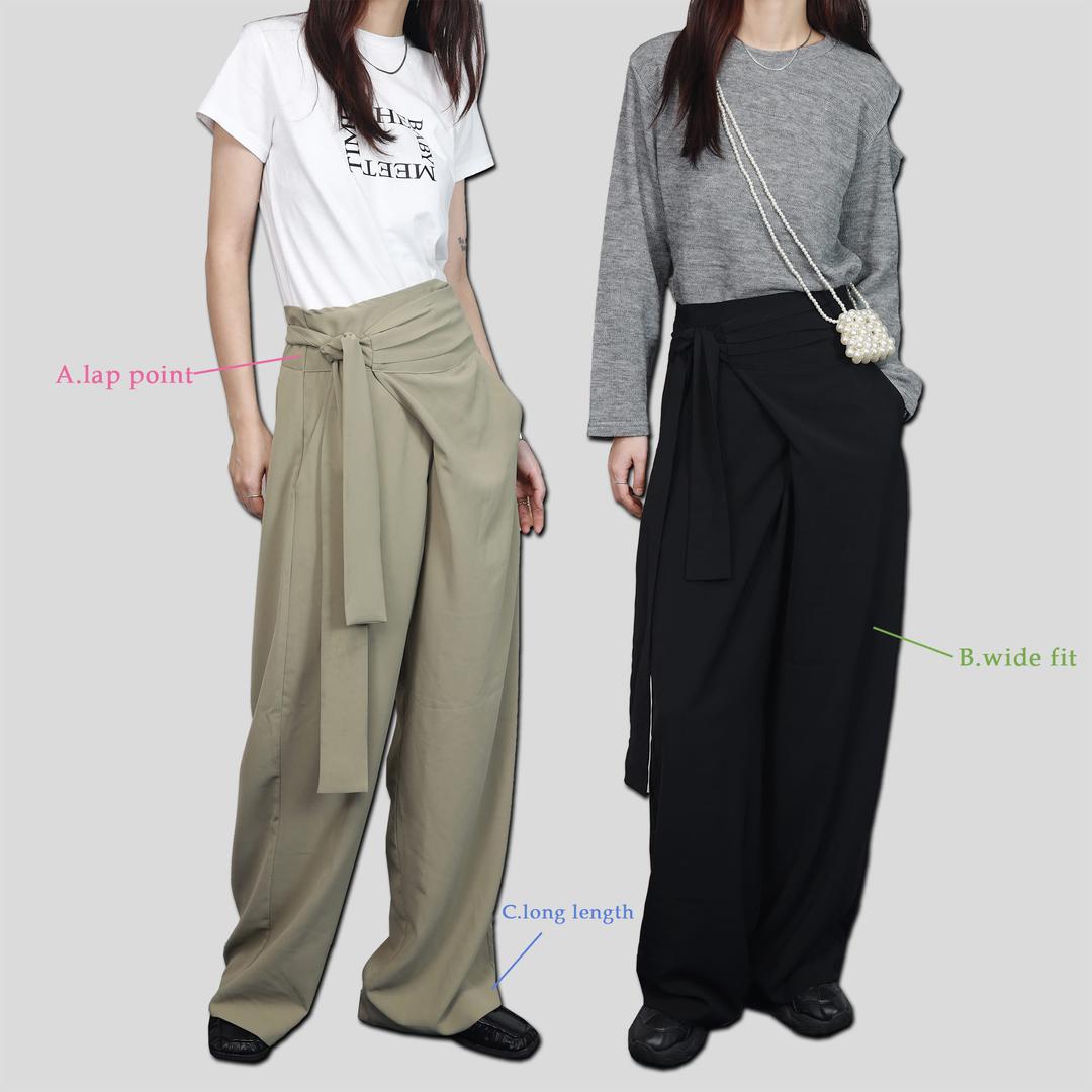 랩 와이드 핀턱 롱 슬랙스 팬츠