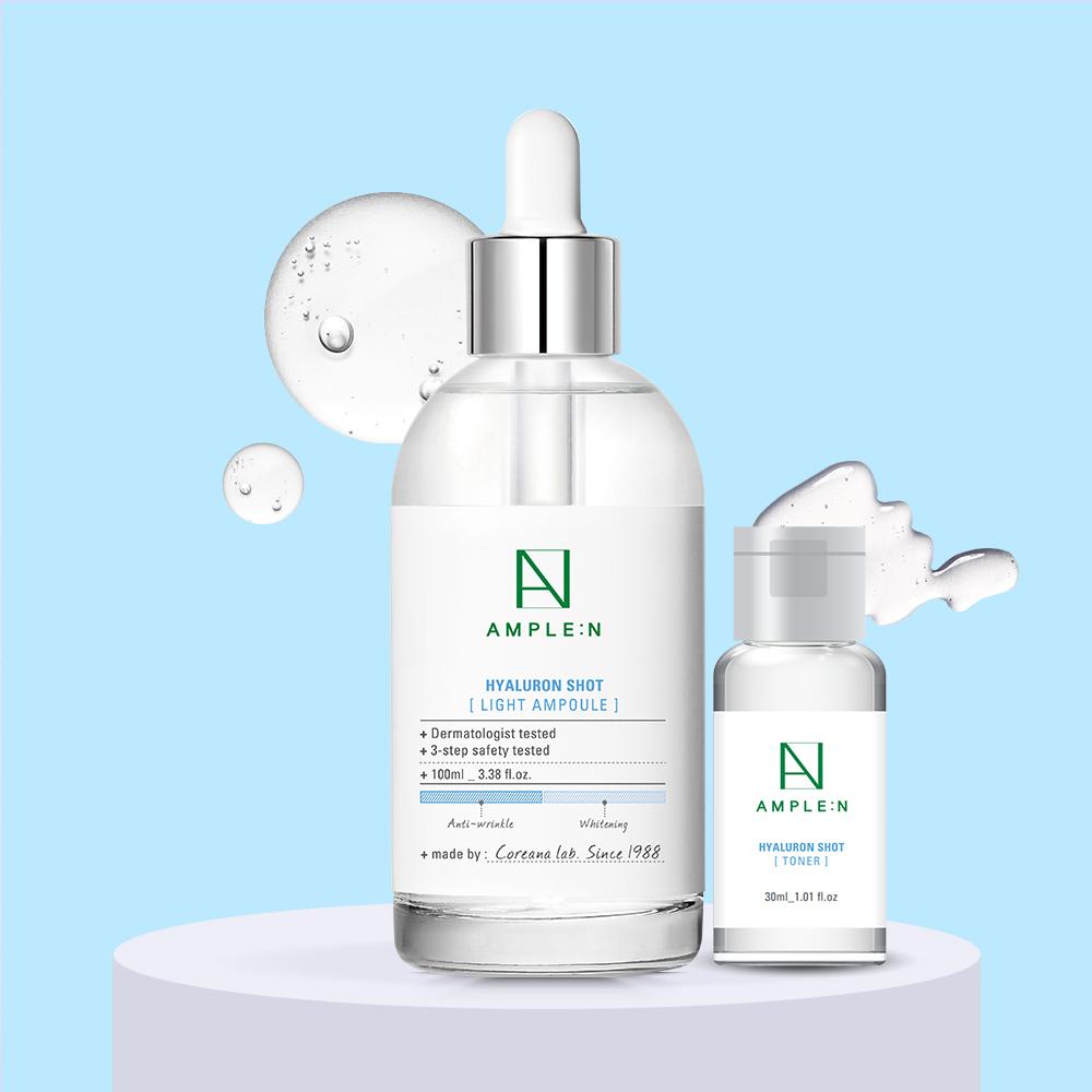 [미니토너 증정] 앰플엔 수부지 히알루론샷 라이트 대용량 앰플 100ml 산뜻촉촉 7종 히알루론산 수분충전 앰플