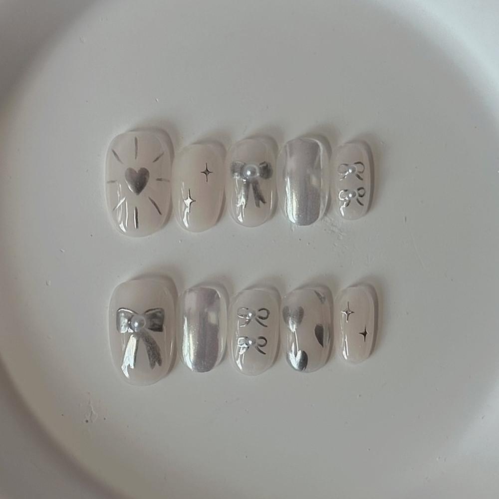 [ᴘᴇᴀʀʟ ʀɪʙʙᴏɴ] 실버 리본 파우더 네일 수제네일팁