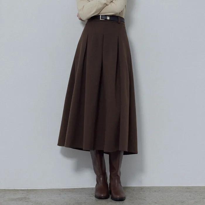 PLEATED BACK BANDED LONG SKIRT_BROWN