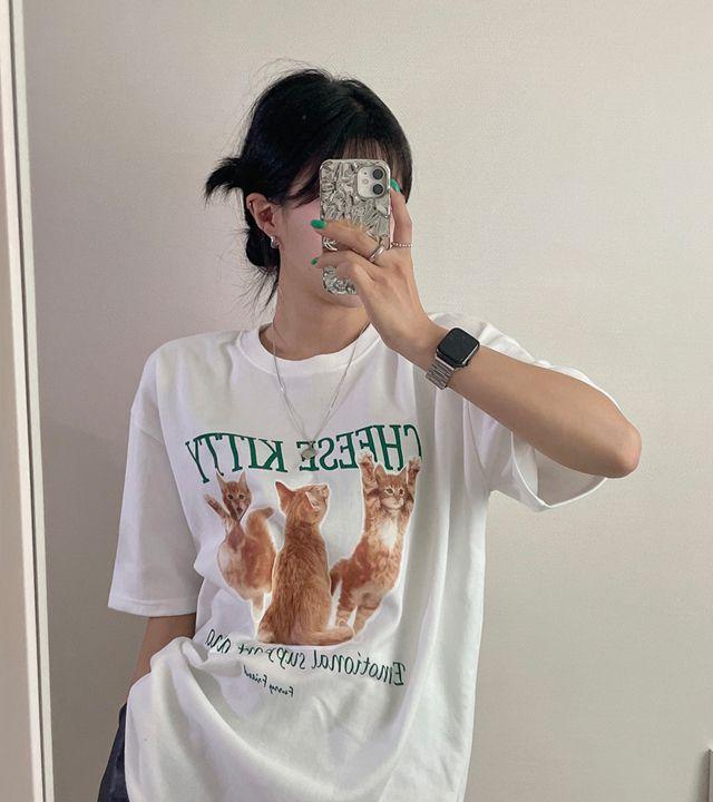 [MD추천]날아라 고양이! 고양이 프린팅 오버핏 반팔티 (3color)_몽그라미