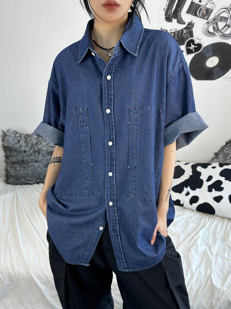 [UNISEX]빈티지 오버 아메카지 데님 루즈 셔츠(2color)