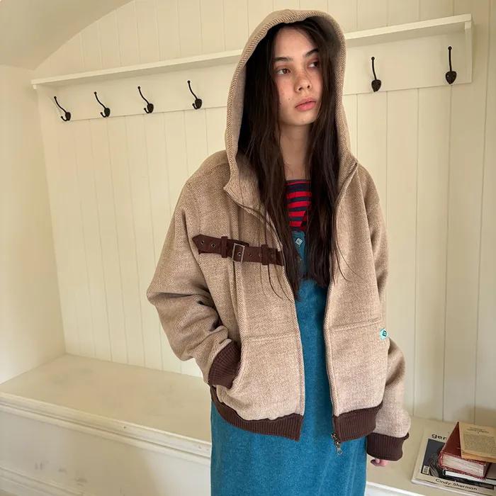 WOOL STRAP HOODED JACKET / m.beige