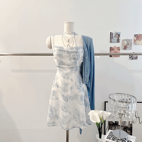 *최저가* [페미닌!/바캉스룩!] 페일 쉬폰 뒷트임 타이다이 플라워 나염 리본 허리끈 A라인 플레어 뷔스티에 나시 미니 원피스 여름원피스 나시원피스 끈나시원피스 쉬폰원피스 데이트룩