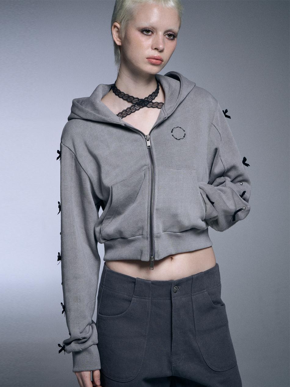 RIBBON STUD TWO-WAY ZIPUP CROP HOODIE [GREY]
