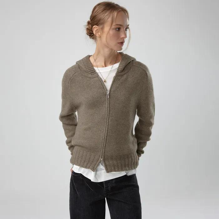HOOD ZIP UP KNITTED CARDIGAN (DARK BEIGE)
