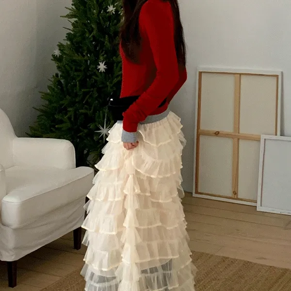 캉캉 밴딩 쉬폰 롱스커트