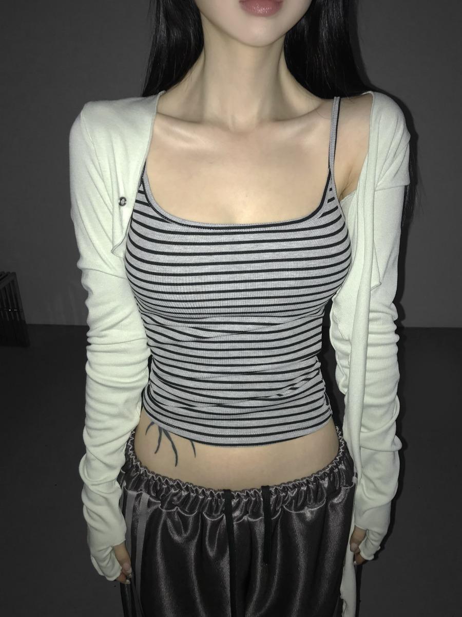 DARKGREY 바로배송 tiny striped cap slim top(2 color)