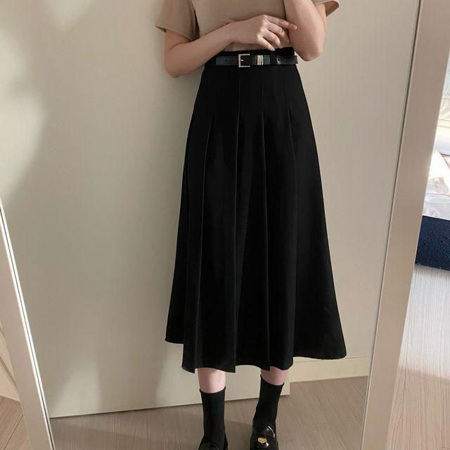 (벨트포함) 모던 클래식 플리츠 스판 롱 스커트_바이영