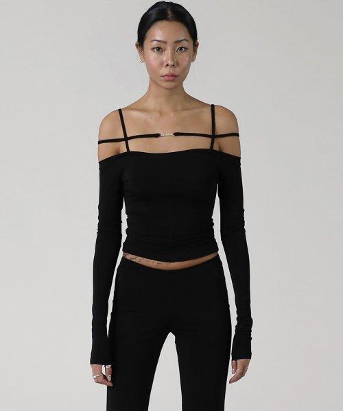 에고 미니멀 로고 오프 숄더 탑 - 블랙