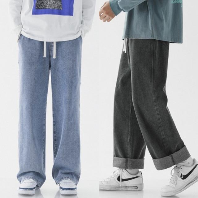 [1+1] 허리밴딩 와이드 루즈 데님팬츠 BK