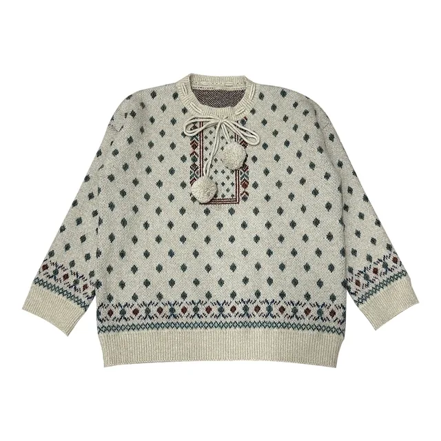 [울혼방/러블리] 에치 노르딕 빈티지 방울 리본 끈 고퀄리티 라운드넥 울 니트 (3color) 208