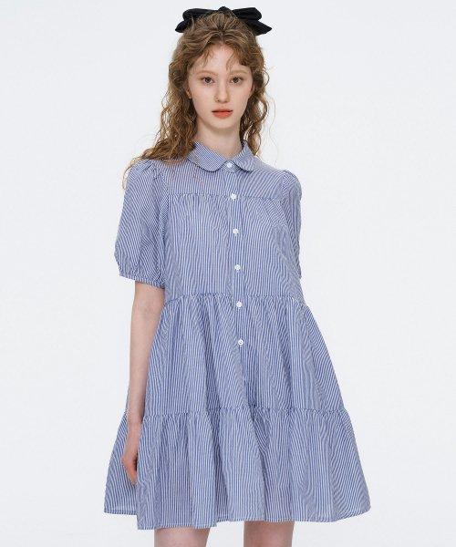 미니 플레어 셔츠 원피스 하프 슬리브 스트라이프 블루