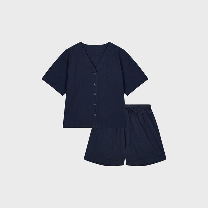 [JAJU/자주] 여 시어서커 브이넥 3부 파자마 세트_네이비