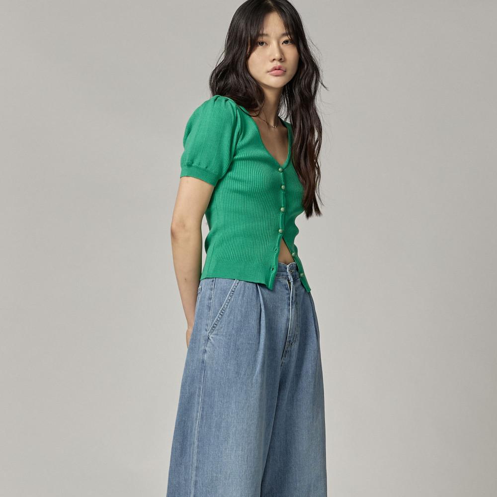 로제 미니 퍼프 브이넥 니트 가디건