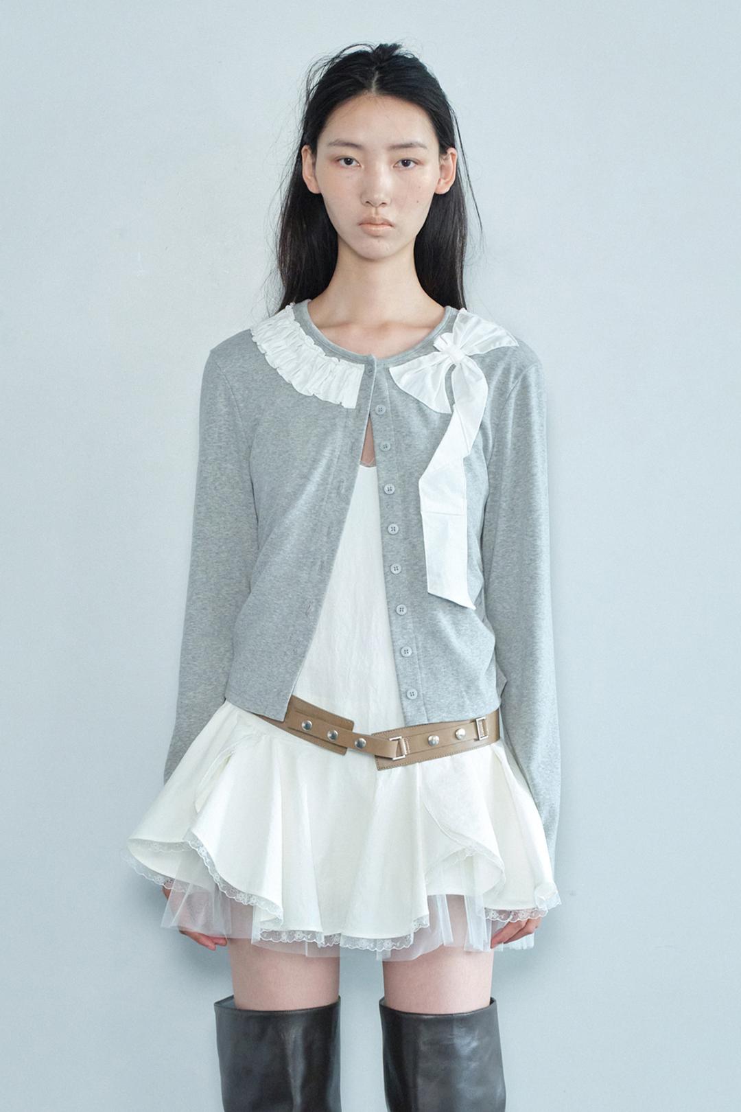 FRILL RIBBON CARDIGAN / GRAY