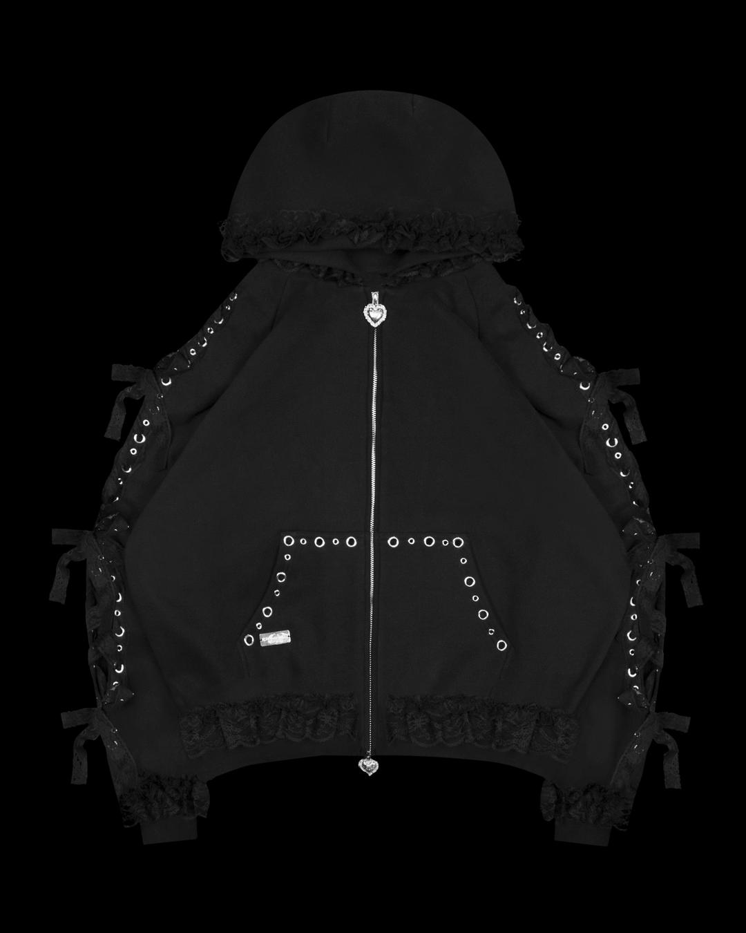BAD ROMANCE LACE RIBBON ZIP HOODIE BLACK - XS