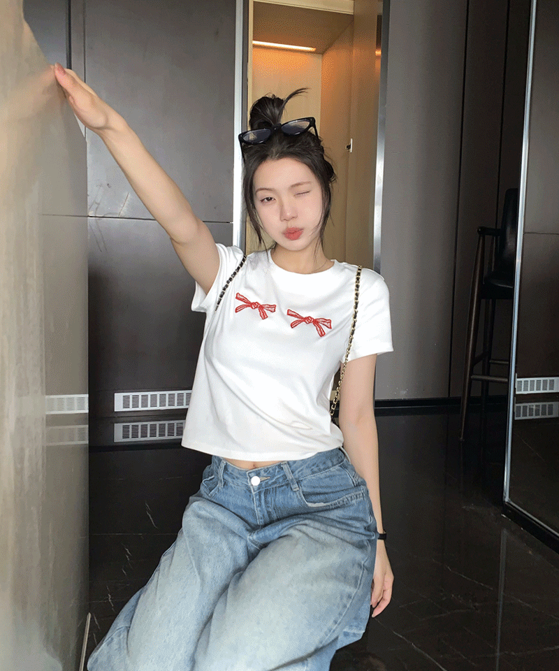 카야 리본 자수 반팔티 /2 Color