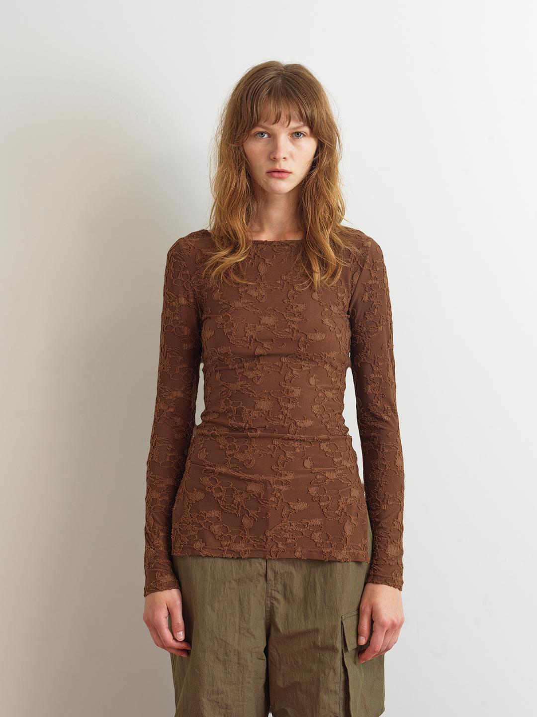 FLORAL PATTERN LONG SLEEVE TOP - BROWN