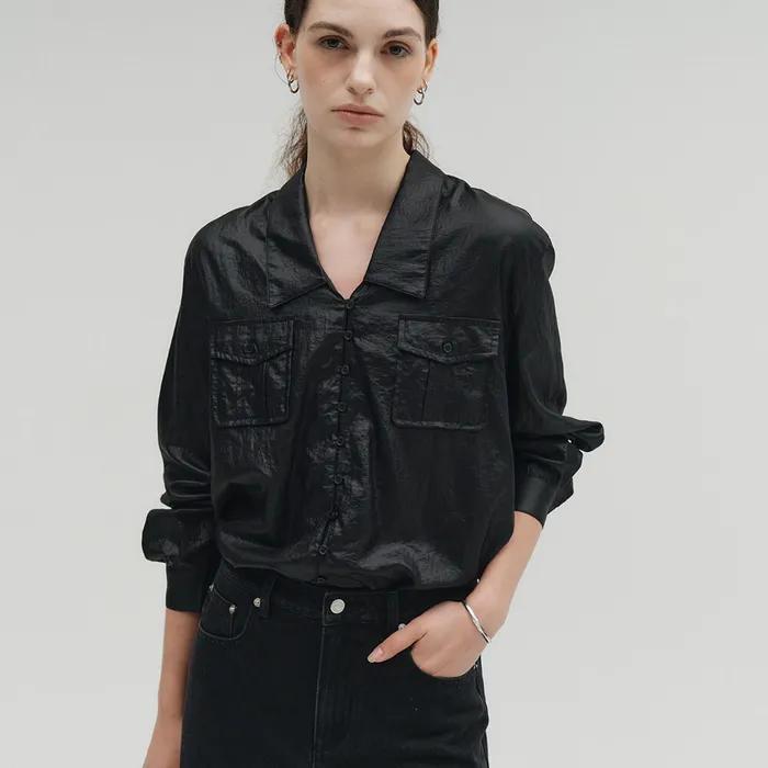 [5th REORDER] POCKET BUTTON GLOSSY SHIRTS [BLACK]