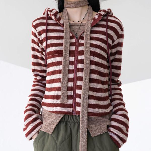 모모 스트라이프 후드 니트집업