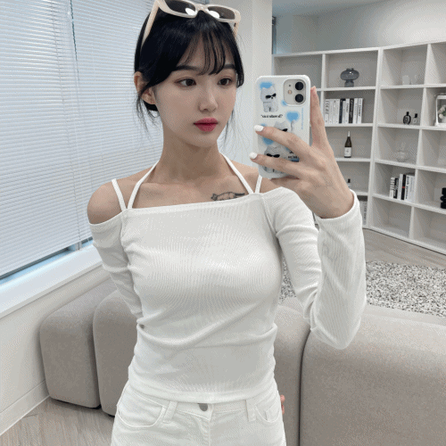 벨 초커 더블끈 오픈숄더 티셔츠 (2color)