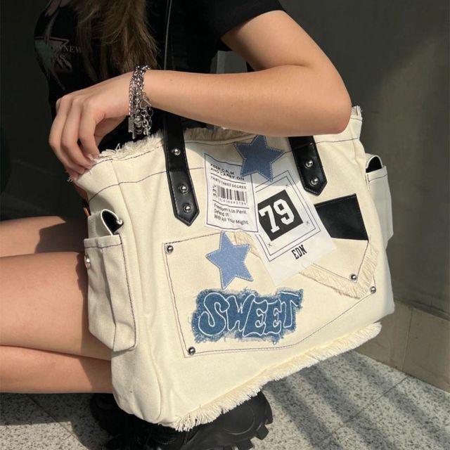 [노트북거뜬] Y2K 패치 캔버스 에코백 데일리 아이패드가방 가벼운 쇼퍼백