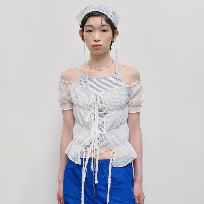 Mesh Shirred Off Shoulder Top [White]