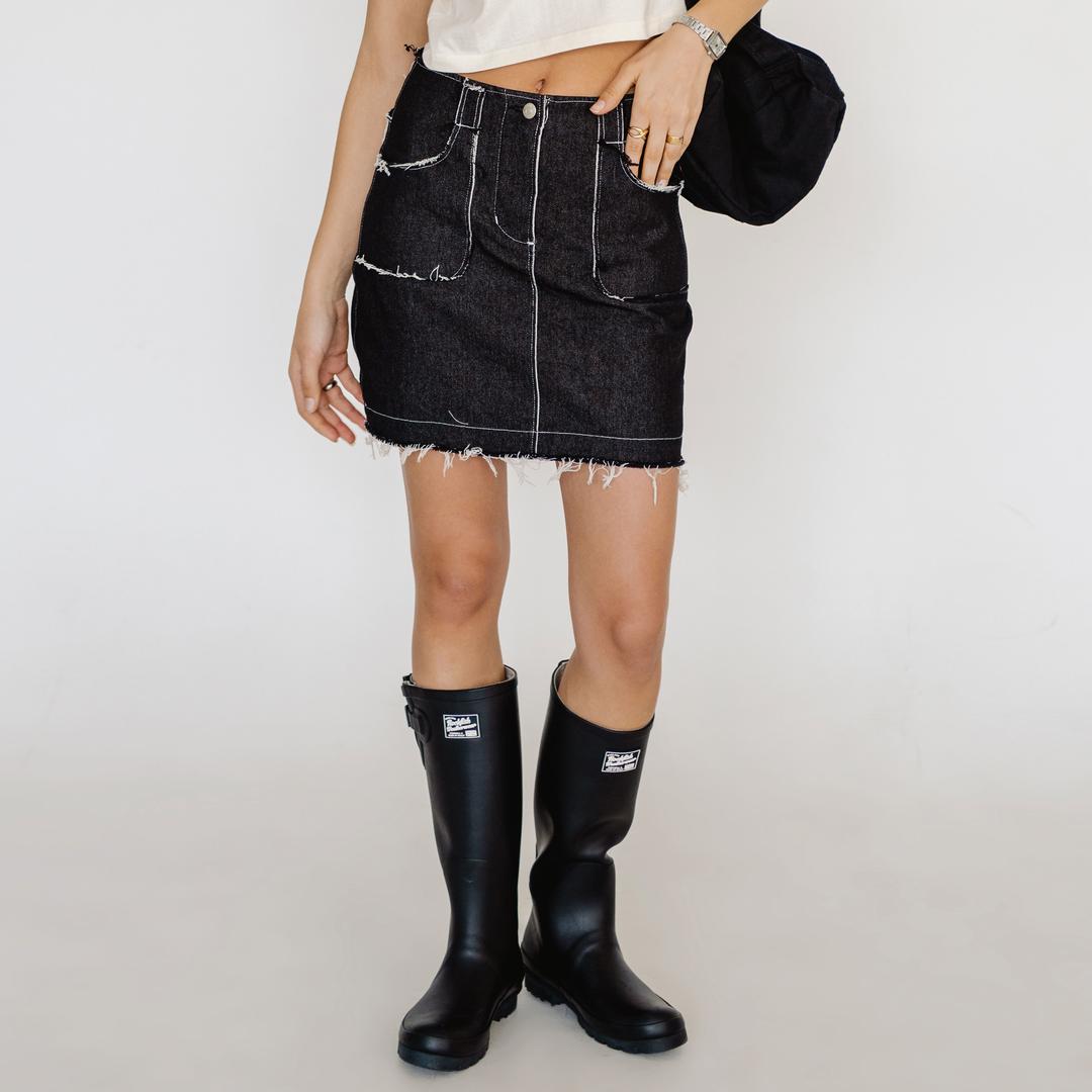 Cut Off Denim Skirt-Black