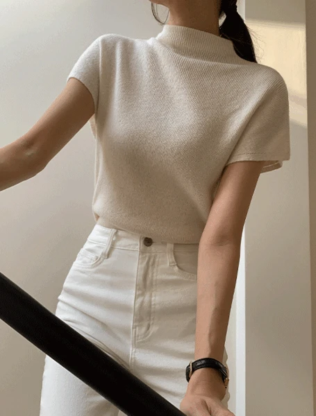 에르베 캐시 울 반폴라 캡소매 골지 니트