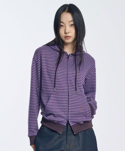 스트라이프 니트 후드 집업_퍼플