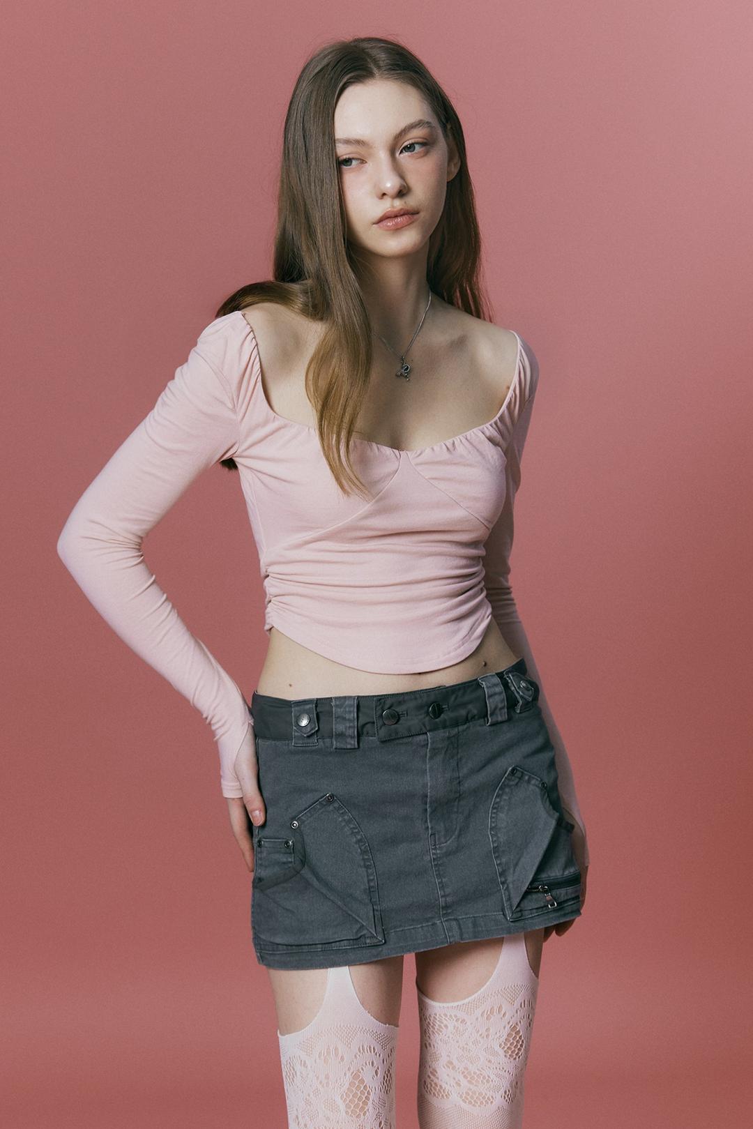 Misty Shirring Long Sleeve Top (Pink)