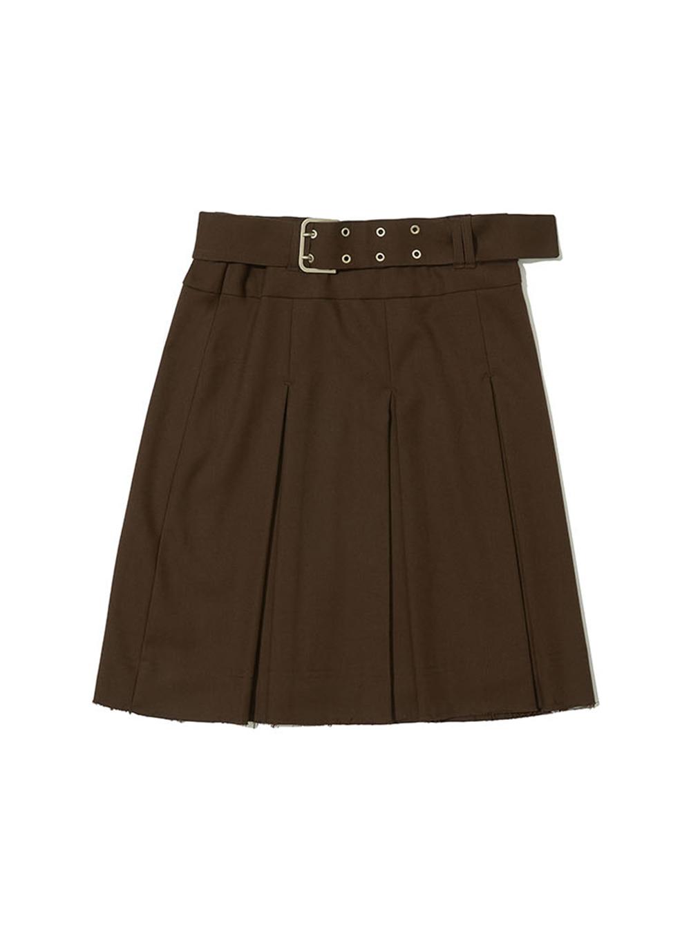 [WOMEN] 2 SIDES BELTED CUT OFF PLEATS SKIRT_BROWN