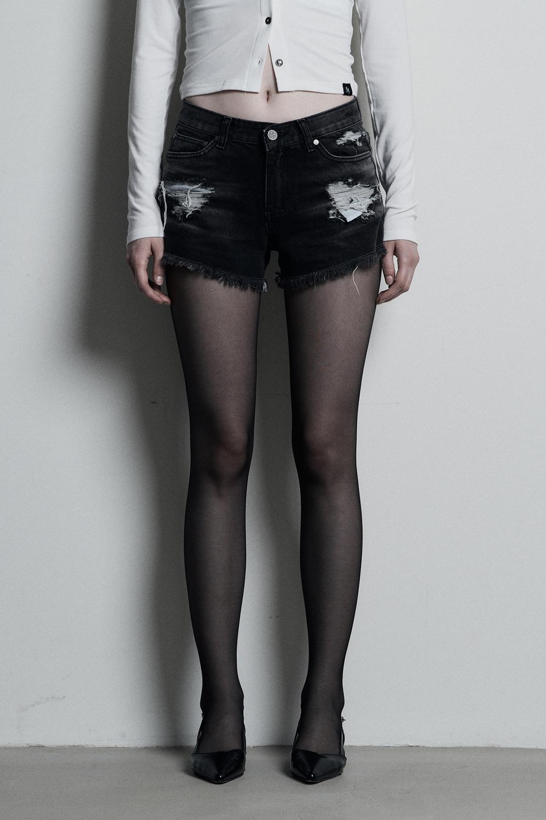 CAT WASHING DAMAGE DENIM SHORTS BLACK