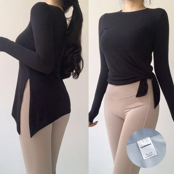 로렌블 [당일출고 MADE][무료배송]세미롱 반팔/긴팔 트임 슬림핏 언발 사선 티 묶는티 트임티 운동복 요가 필라테스 요가복 필라테스복 홈트 헬스