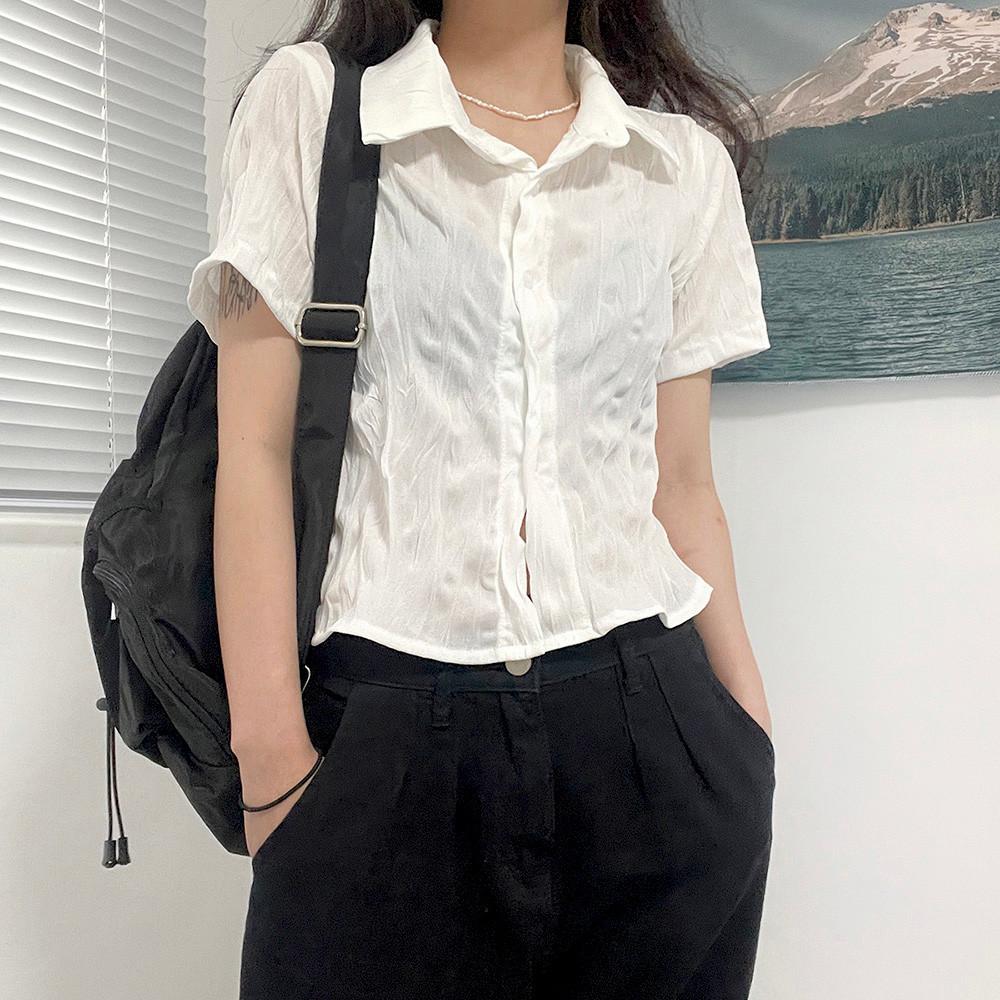 엘리 썸머 심플 크롭 반팔 셔츠 (2color)