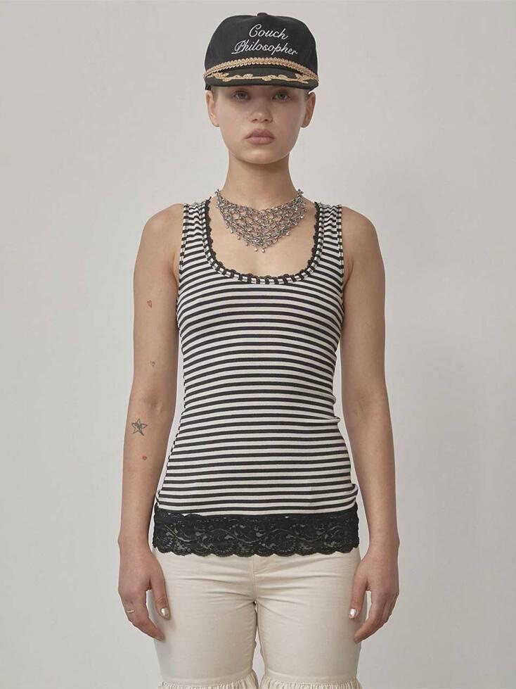 Lace Trimming Tank Top Ivory/Black