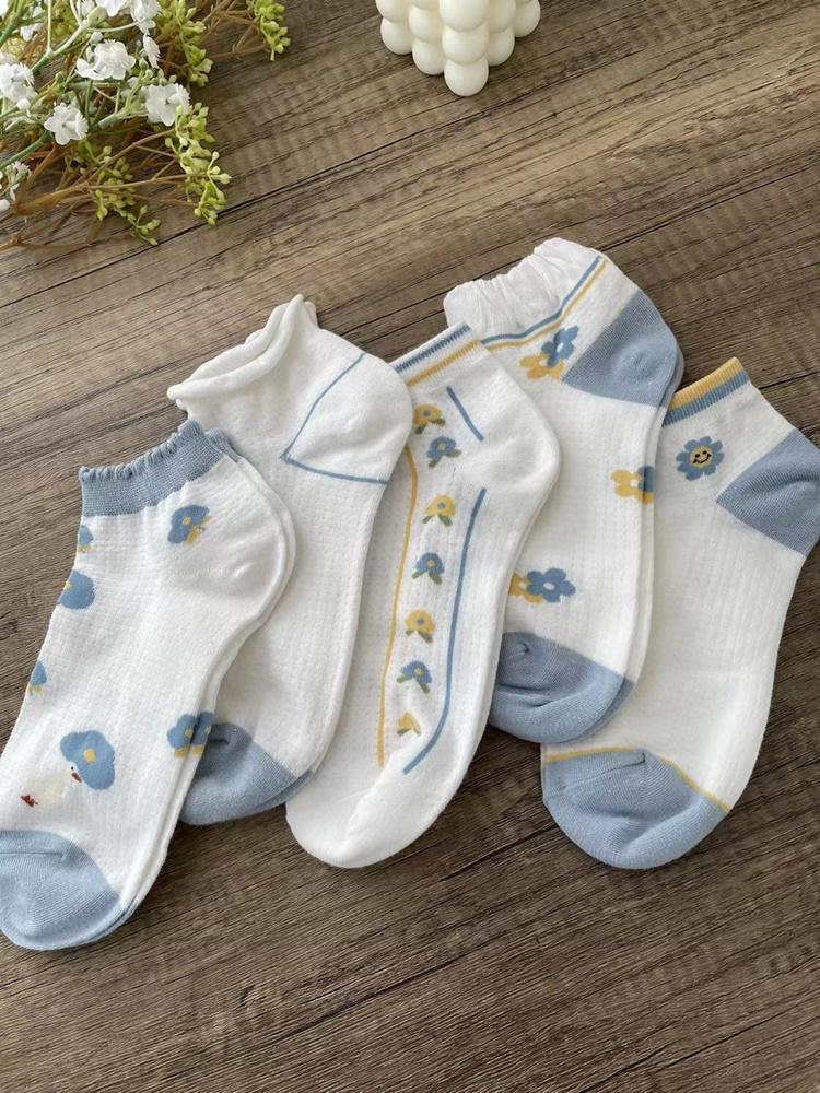 [무배+5개1세트] 큐티 파스텔 블루 옐로우 플라워 단목 양말 세트 W518