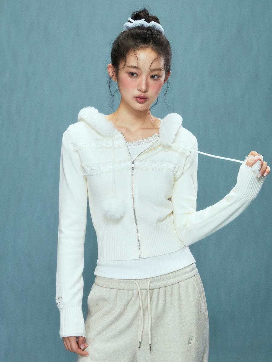 Weekendhub Frill Fur Ball Slim Hoodie Zip-Up
