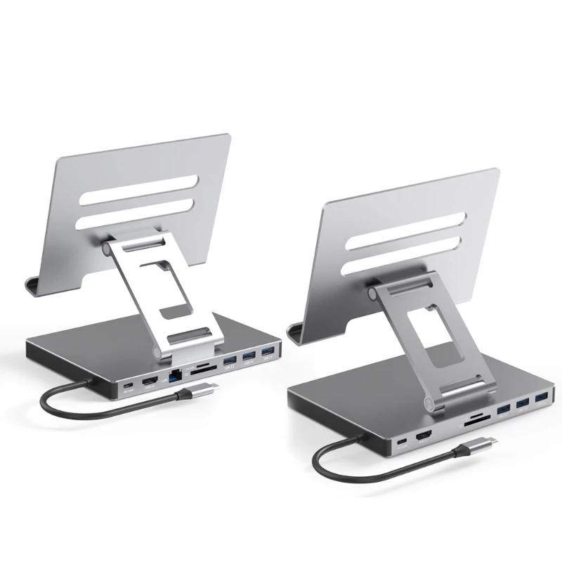 USB C 도킹 스테이션 9-IN-1 도킹 스테이션 노트북 마운트 홀더 스탠드(2xHDMI4K 이더넷 PD100W 5Gbps USB3.0 포함)
